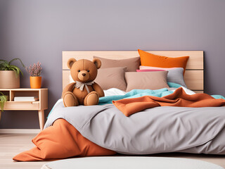 A cute teddy bear sitting on the bed.