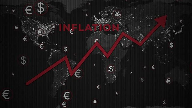 Global inflation is forecast to rise with euro US dollars animation logo and up trend graphics on planet earth maps black and white background
