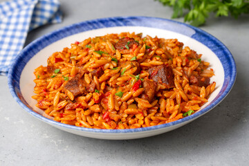 Local Turkish food; Lamb on barley noodle. Turkish name; Ankara Tava