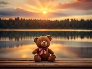 A cute teddy bear sitting on a wooden pier by the lake.
