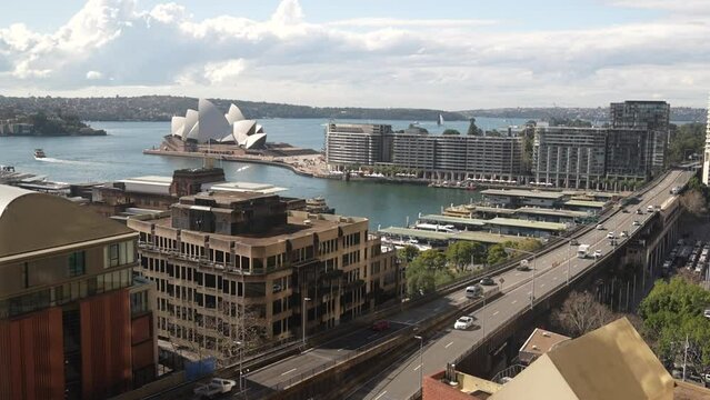 View of Sydney Circular Quay NSW Australia from the club floor lounge at Shangri la hotel