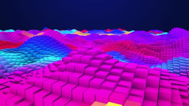 Animated 3D rotating background of colorful cubes. The up and down waves resemble the movement of rectangular three-dimensional growing pillars. Surface with square waves. 4k animation.