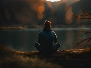 A man meditating in a peaceful natural environment - obrazy, fototapety, plakaty