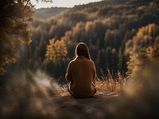 A woman meditating in a peaceful natural environment - obrazy, fototapety, plakaty