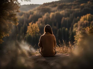 Fototapeten A woman meditating in a peaceful natural environment © Katarzyna