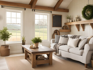 Fototapeta premium Modern cozy living room with large windows and a sofa. 