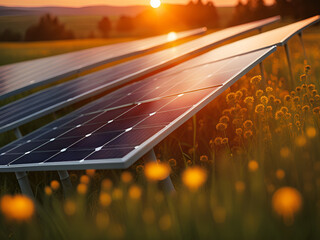 Solar panels in the field at sunset.