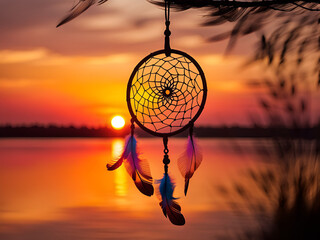 Dream catcher hanging on a tree. Sunset. - Powered by Adobe