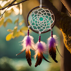 Dream catcher hanging on a tree.