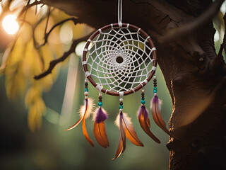 Dream catcher hanging on a tree.