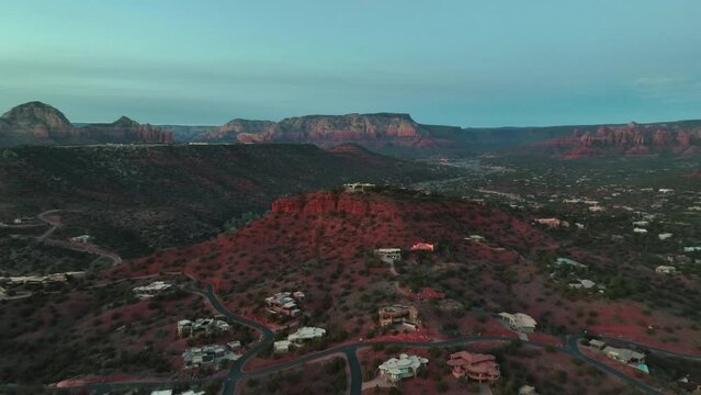 Flying Over The Hotels And Asphalt Road In Sedona, Arizona, USA. - aerial