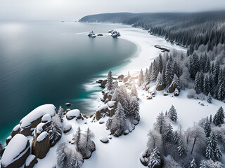 Top view  of an ocean coast with forset at winter. - obrazy, fototapety, plakaty