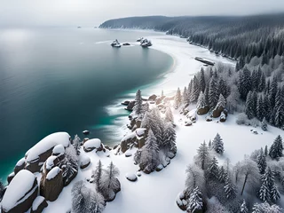 Raamstickers Top view  of an ocean coast with forset at winter. © Katarzyna