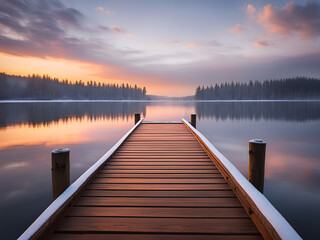 Wooden pier on the lake at winter. Sunset.
