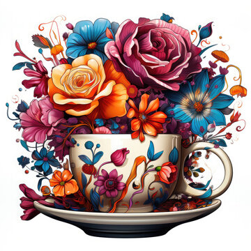 Watercolor teacup with flowers Illustration, Generative Ai