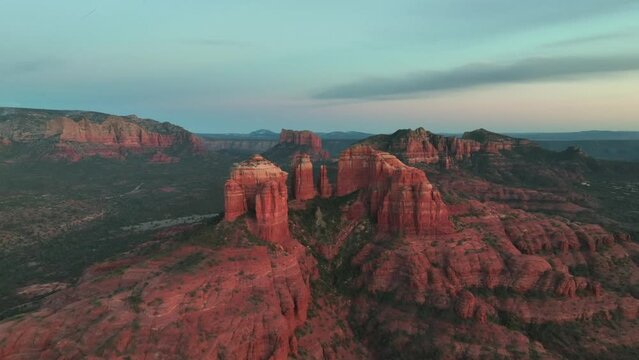 Aerial View Of Cathedral Rock, Rock Formation In Sedona, Arizona At Sunset - drone shot