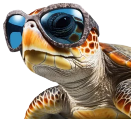 Zelfklevend Fotobehang Portrait of a sea turtle wearing sunglasses isolated on a white background as transparent PNG © Flowal93