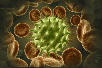 Red blood cells with viruses. 3d illustration.. - obrazy, fototapety, plakaty