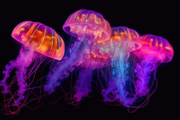Obraz premium Jellyfish with neon lighting. Underwater world. Aquarium with jellyfish.