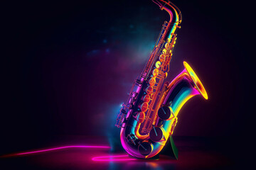 Background with saxophone neon effect. Jazz concert. A poster of a musical performance. International Jazz Day. - obrazy, fototapety, plakaty