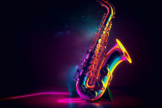 Background with saxophone neon effect. Jazz concert. A poster of a musical performance. International Jazz Day. - Powered by Adobe
