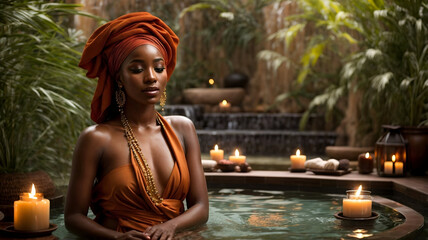 Portrait of a beautiful african girl wearing a towel bathing spa