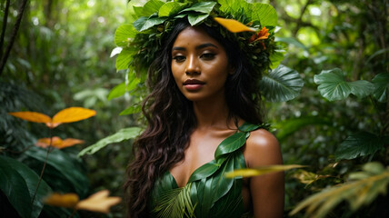 Potrait of a beautiful woman in a jungle forest, leaves