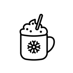 Vector illustration of a drink with whipped cream and straw in a cup with snowflake. Minimal icon in line style for christmas, new year celebration, festive cooking and decorations.  Simple design 
