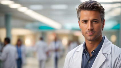 A remarkably handsome and confident male healthcare professional donning a pristine white medical coat, with a softly blurred hospital setting in the background, symbolizing his dedication and experti