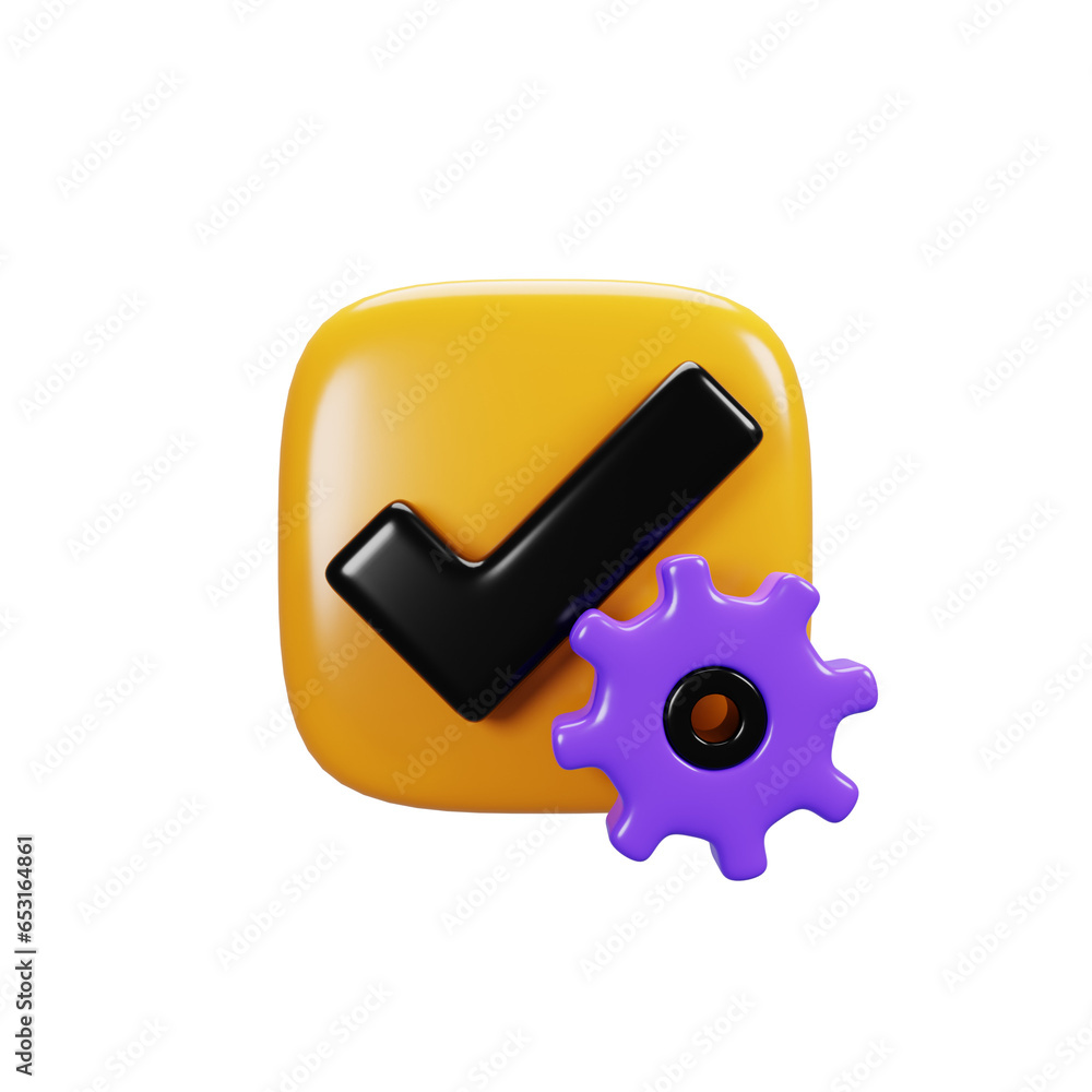 Poster 3d rendering setting done icon. user interface icon concept
