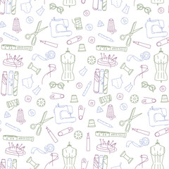 Seamless pattern. sewing concept. doodle style, line. pattern on white background. shows items for sewing and needlework. threads, needles, sewing machine and more. 