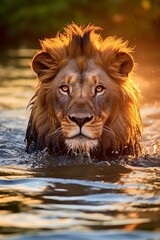 Lion Swimming in Water at Sunset