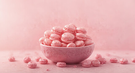 Obraz na płótnie Canvas pink macaroon on minimalistic pink background. set of pastries, macaroons. Pink French macaroon in center on pink background Generative AI