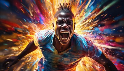 Fototapeta na wymiar Young african man runs and throws colorful streams of light, expressionistic emotionality, energy of youth, splashes of paint