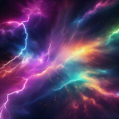 a close-up of a colorful lightning storm with a black background. AI-Generated. - obrazy, fototapety, plakaty