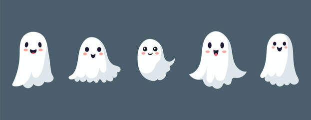 Set of ghosts with smiling faces for Halloween. Vector flat style illustration for design poster, banner, print.