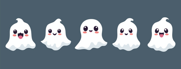 Set of ghosts with smiling faces for Halloween. Vector flat style illustration for design poster, banner, print.