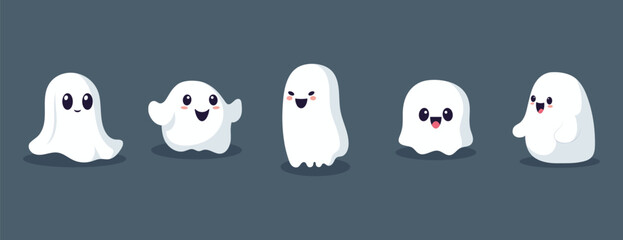 Set of ghosts with smiling faces for Halloween. Vector flat style illustration for design poster, banner, print.
