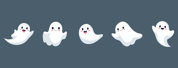 Set of ghosts with smiling faces for Halloween. Vector flat style illustration for design poster, banner, print.