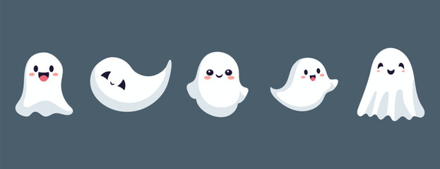 Set of ghosts with smiling faces for Halloween. Vector flat style illustration for design poster, banner, print.