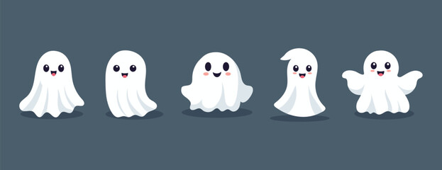 Set of ghosts with smiling faces for Halloween. Vector flat style illustration for design poster, banner, print.