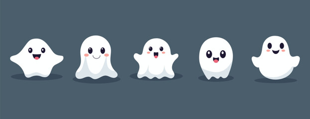 Set of ghosts with smiling faces for Halloween. Vector flat style illustration for design poster, banner, print.