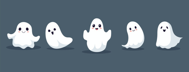 Set of ghosts with smiling faces for Halloween. Vector flat style illustration for design poster, banner, print.