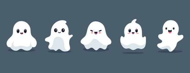 Set of ghosts with smiling faces for Halloween. Vector flat style illustration for design poster, banner, print.