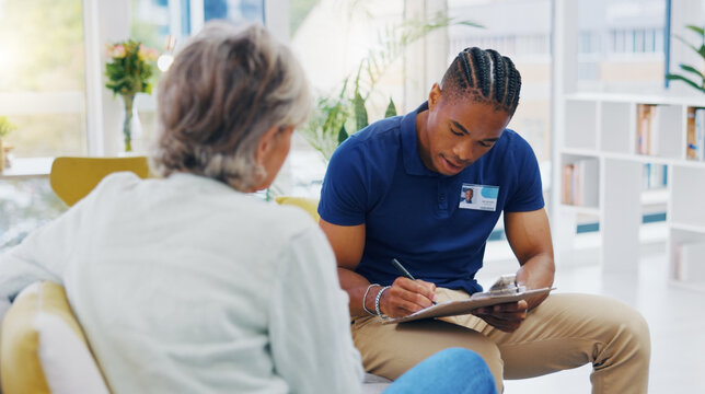 Retirement, documents and a nurse talking to an old woman patient about healthcare in an assisted living facility. Medical, planning and communication with a black man consulting a senior in her home