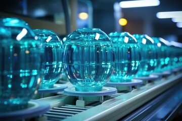 blue plastic bottle on production line of conveyor belt at filling machine in medical factory. pharmaceutical manufacturing.