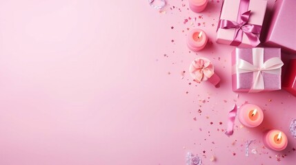 flat lays of gifts, candles, confetti on pink copy space background
