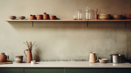 Generative AI, kitchen interior, minimalistic japanese wabi sabi style, muted natural neutral colors