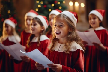 childrens Christmas choir in the church sings Christmas carols - obrazy, fototapety, plakaty