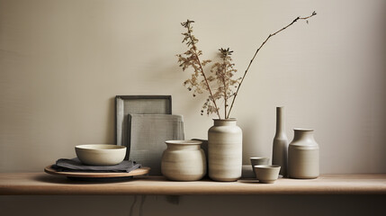 Generative AI, kitchen interior, minimalistic japanese wabi sabi style, muted natural neutral colors